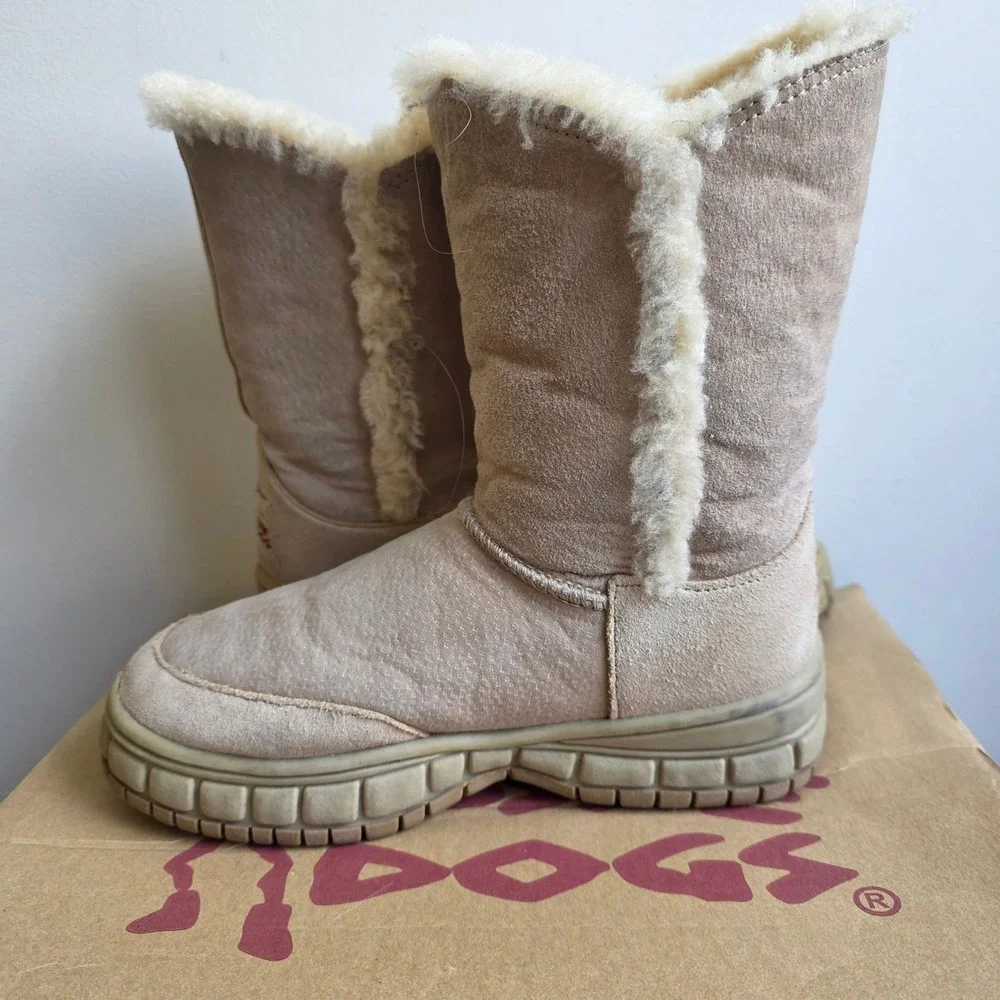 Aussie Dogs Tan‎ Suede Sheepskin Fur Lined Mid Calf Winter Boots Womens